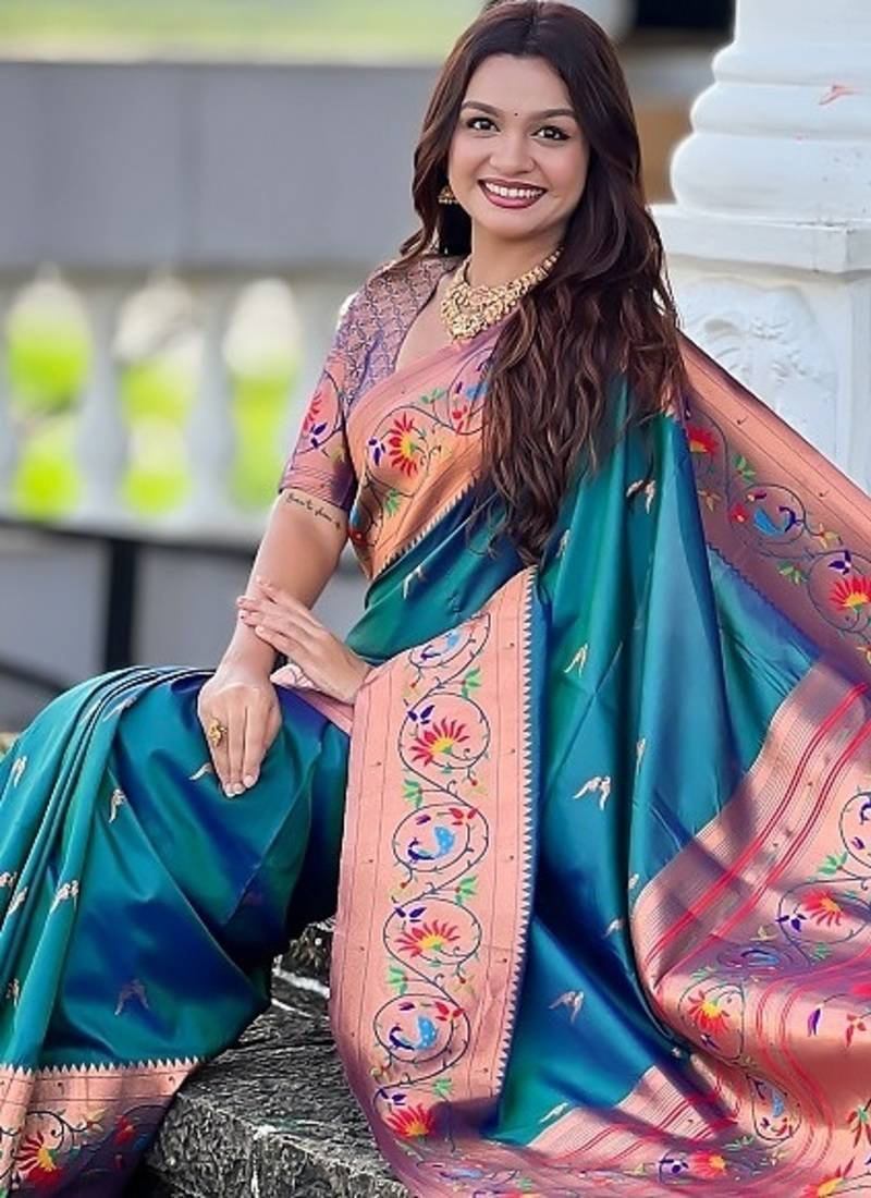 teal soft paithani style silk blend with zari weaving meenakari saree with blouse