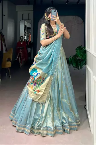 blue art silk plain Onam lehenga choli
