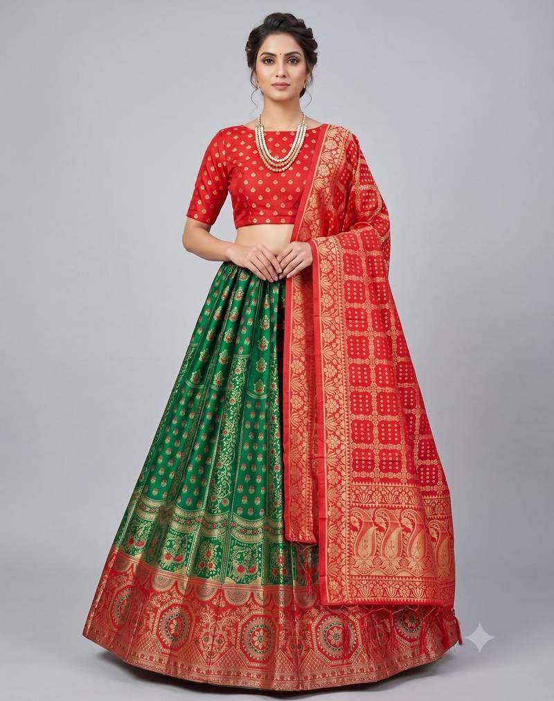 green silk blend woven traditional lehenga-choli