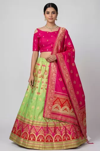 green silk blend woven traditional lehenga-choli