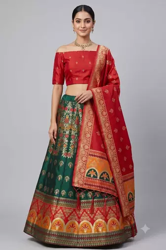 green silk blend woven traditional lehenga-choli