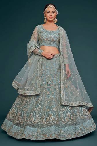 pastel net embroidered wedding lehenga choli with free size upto 42