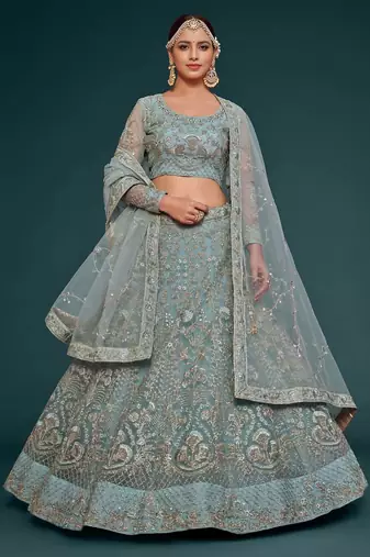 pastel green net embroidered Wedding lehenga choli