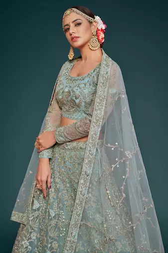 pastel green net embroidered Wedding lehenga choli