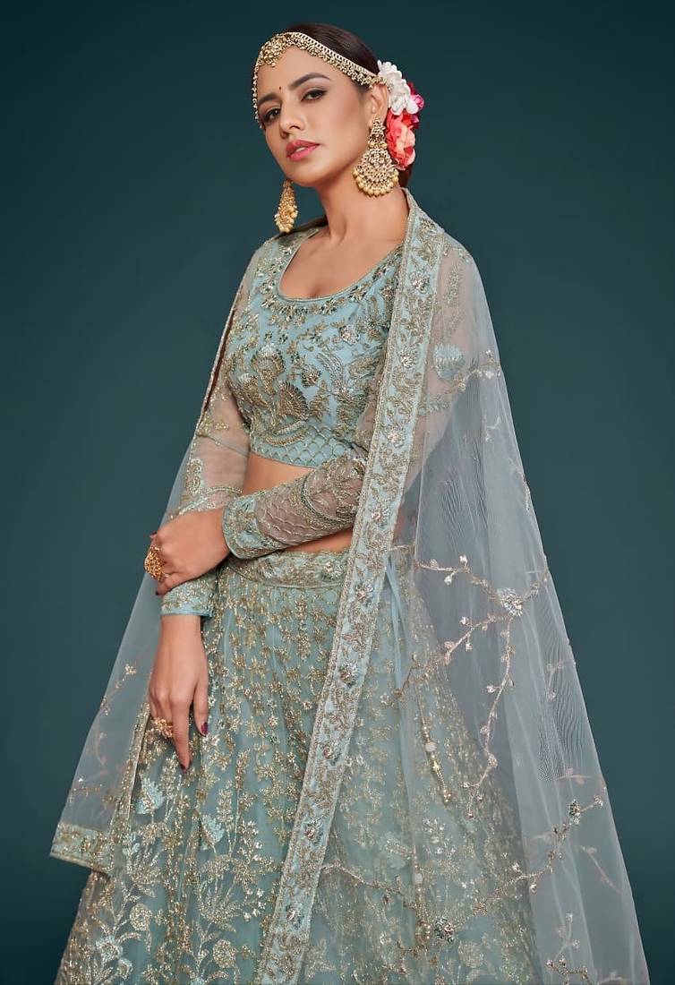 pastel green net embroidered Wedding lehenga choli