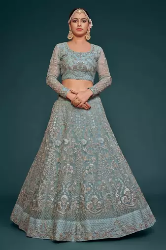 pastel green net embroidered Wedding lehenga choli