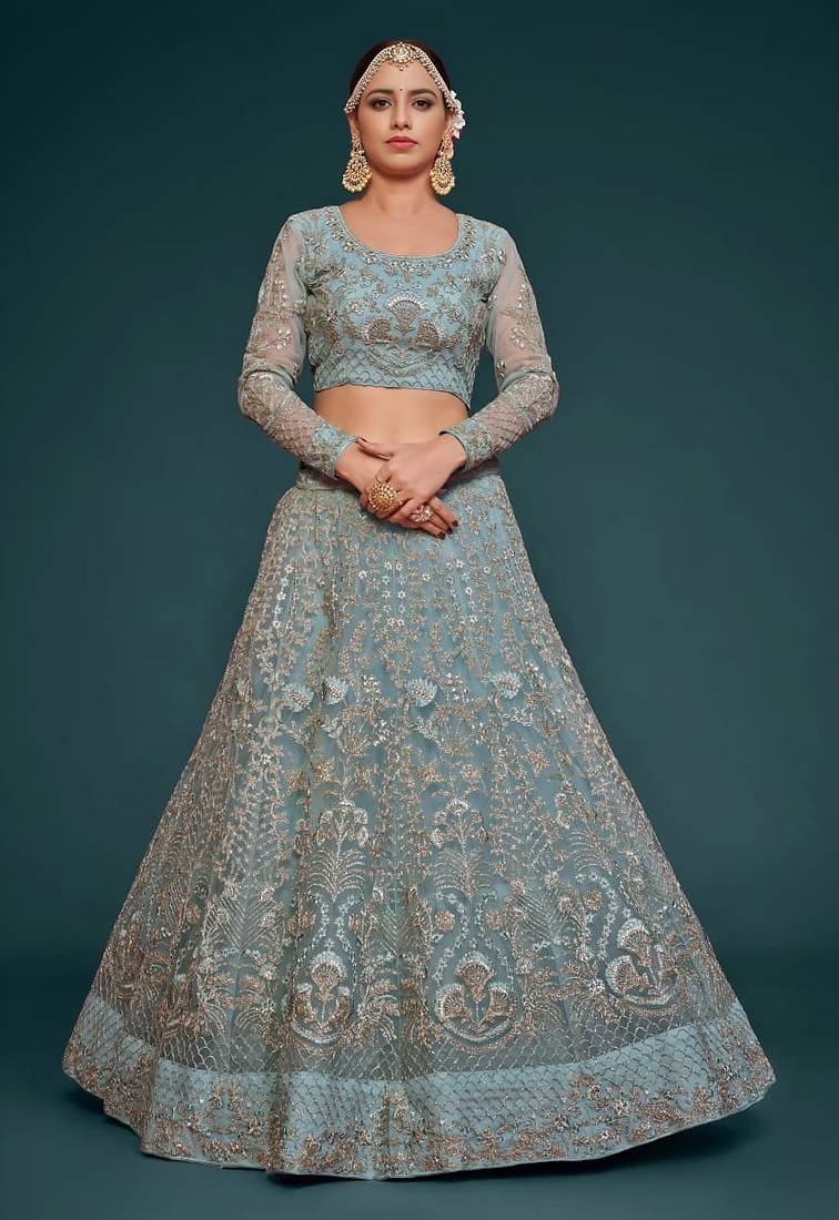 pastel green net embroidered Wedding lehenga choli