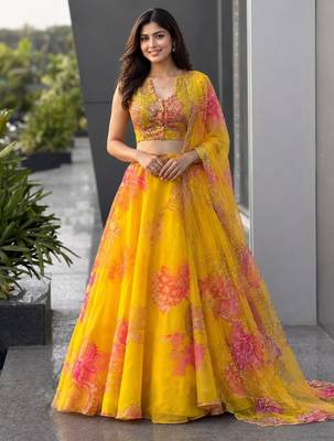 yellow organza printed fashion lehenga-choli 1