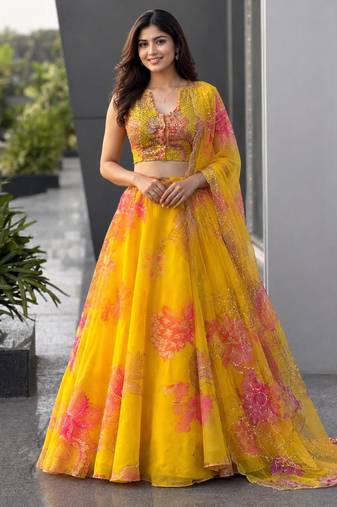 yellow organza printed fashion lehenga-choli with free size upto 38