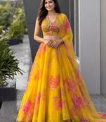 yellow organza printed fashion lehenga-choli