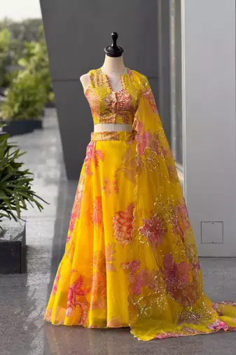 yellow organza printed fashion lehenga-choli