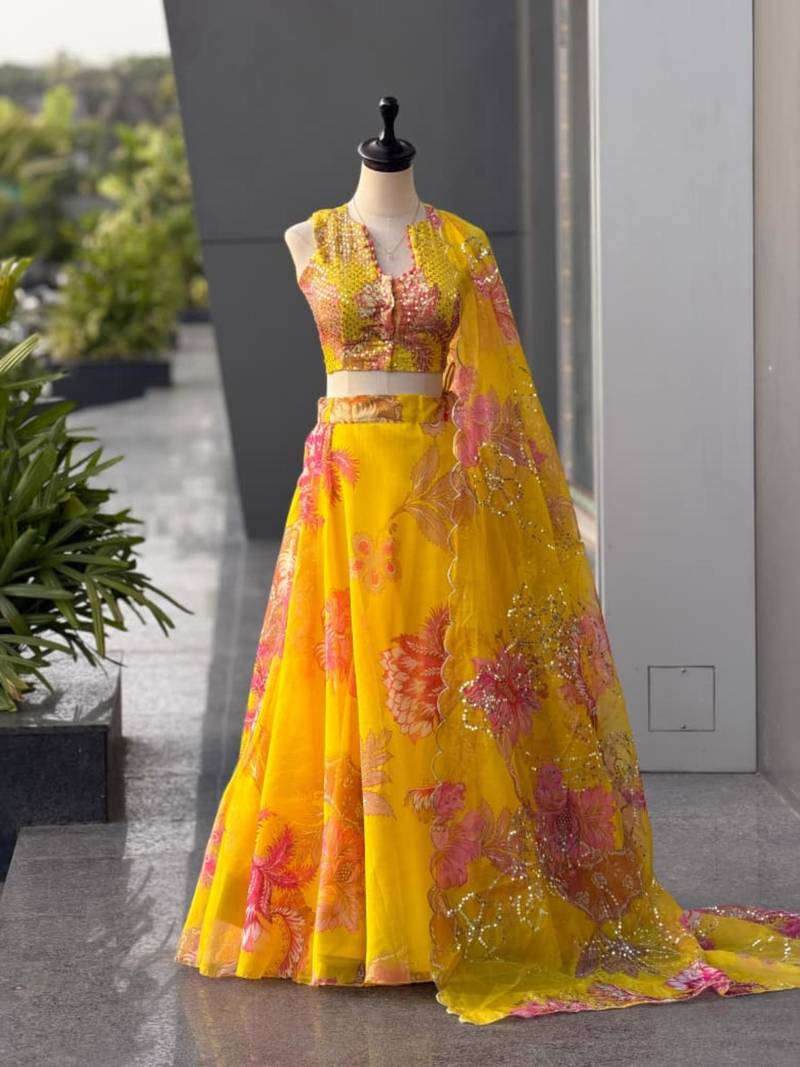 yellow organza printed fashion lehenga-choli