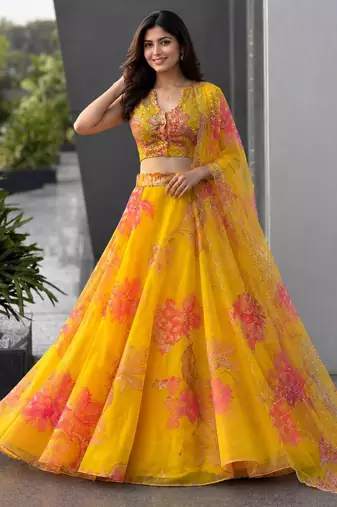 yellow organza printed fashion lehenga-choli