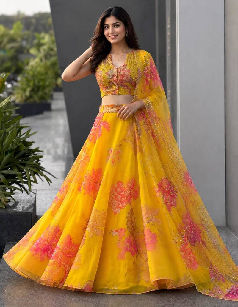 yellow organza printed fashion lehenga-choli