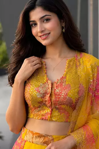 yellow organza printed fashion lehenga-choli