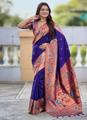 royal blue soft paithani style silk blend with zari weaving meenakari saree with blouse 1
