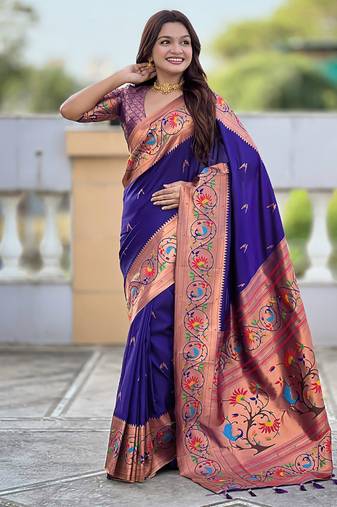 royal blue soft paithani style silk blend with zari weaving meenakari saree with blouse