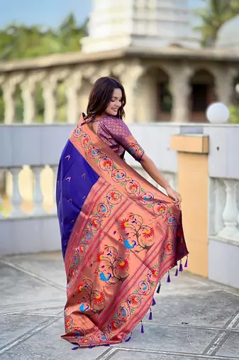 royal blue soft paithani style silk blend with zari weaving meenakari saree with blouse