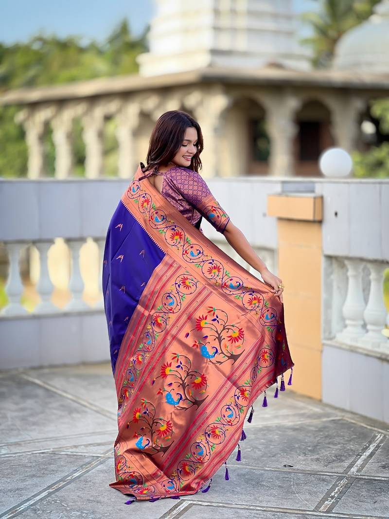 royal blue soft paithani style silk blend with zari weaving meenakari saree with blouse