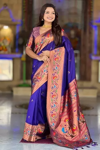 royal blue soft paithani style silk blend with zari weaving meenakari saree with blouse