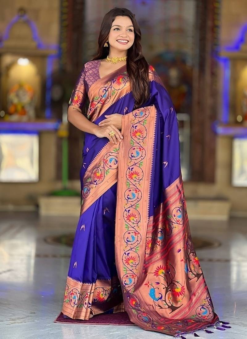 royal blue soft paithani style silk blend with zari weaving meenakari saree with blouse