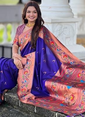 royal blue soft paithani style silk blend with zari weaving meenakari saree with blouse 4