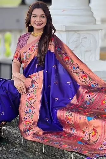 royal blue soft paithani style silk blend with zari weaving meenakari saree with blouse
