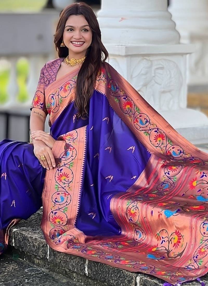 royal blue soft paithani style silk blend with zari weaving meenakari saree with blouse