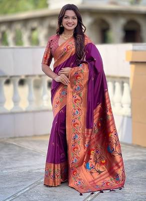 wine soft paithani style silk blend with zari weaving meenakari saree with blouse 1