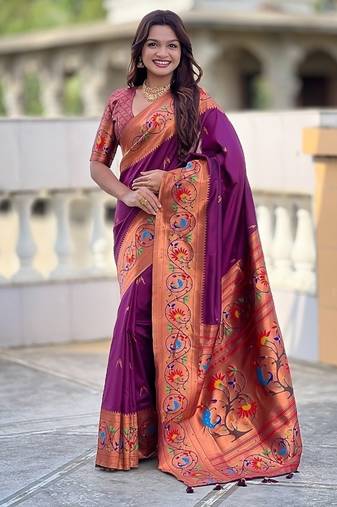 wine soft paithani style silk blend with zari weaving meenakari saree with blouse