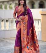 wine soft paithani style silk blend with zari weaving meenakari saree with blouse