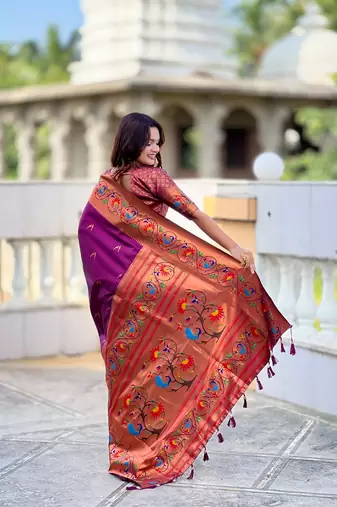 wine soft paithani style silk blend with zari weaving meenakari saree with blouse