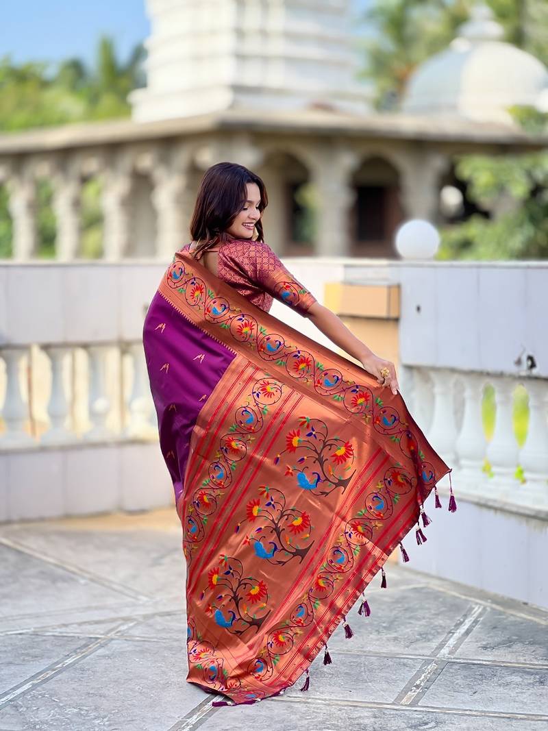 wine soft paithani style silk blend with zari weaving meenakari saree with blouse