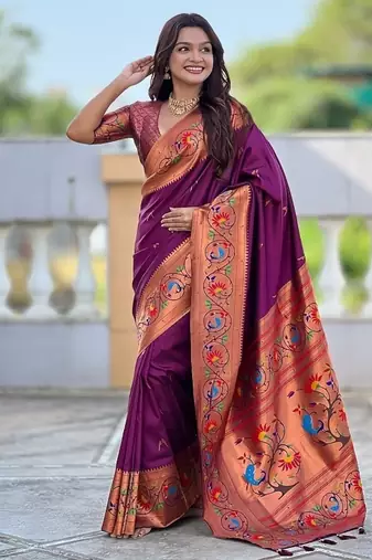 wine soft paithani style silk blend with zari weaving meenakari saree with blouse