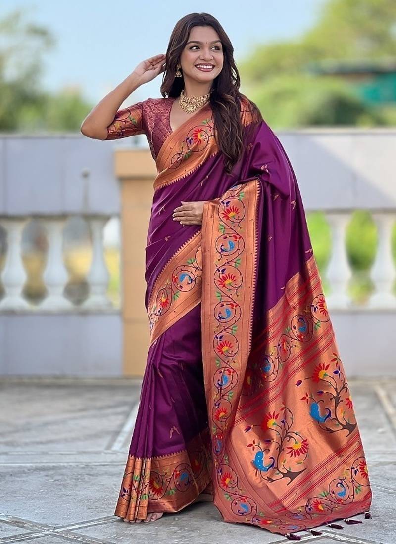 wine soft paithani style silk blend with zari weaving meenakari saree with blouse