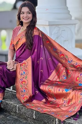 wine soft paithani style silk blend with zari weaving meenakari saree with blouse