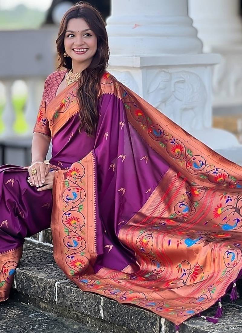 wine soft paithani style silk blend with zari weaving meenakari saree with blouse