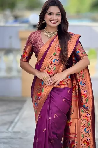 wine soft paithani style silk blend with zari weaving meenakari saree with blouse