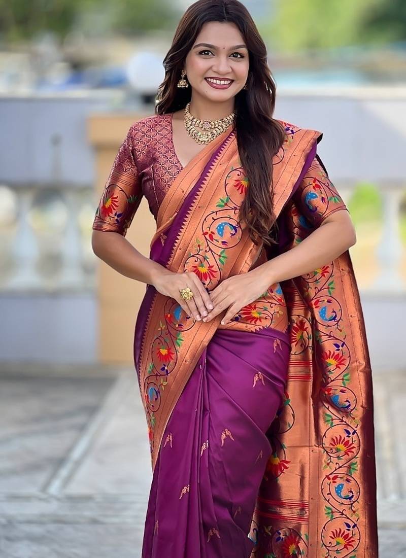 wine soft paithani style silk blend with zari weaving meenakari saree with blouse