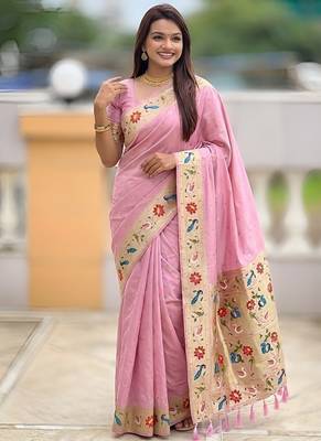 pink soft paithani style silk blend with zari weaving meenakari saree with blouse 1