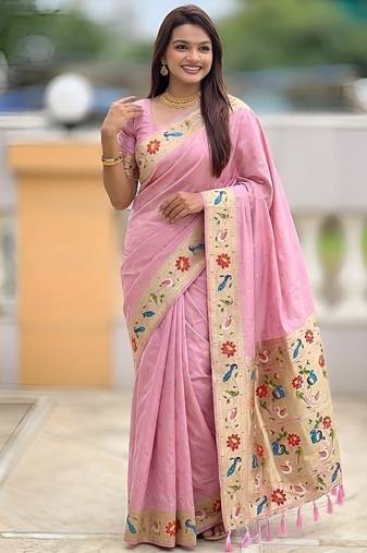 pink soft paithani style silk blend with zari weaving meenakari saree with blouse