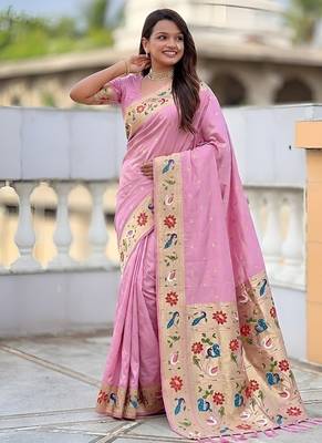 pink soft paithani style silk blend with zari weaving meenakari saree with blouse 3