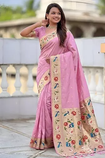 pink soft paithani style silk blend with zari weaving meenakari saree with blouse