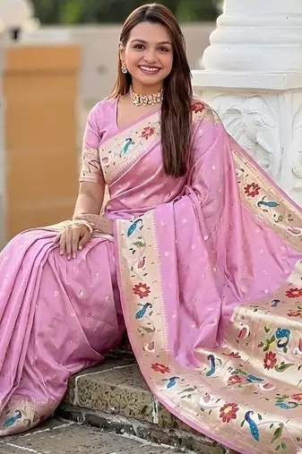 pink soft paithani style silk blend with zari weaving meenakari saree with blouse