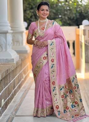 pink soft paithani style silk blend with zari weaving meenakari saree with blouse 5