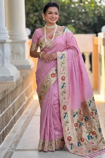pink soft paithani style silk blend with zari weaving meenakari saree with blouse