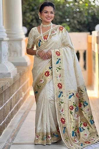 cream soft paithani style silk blend with zari weaving meenakari saree with blouse