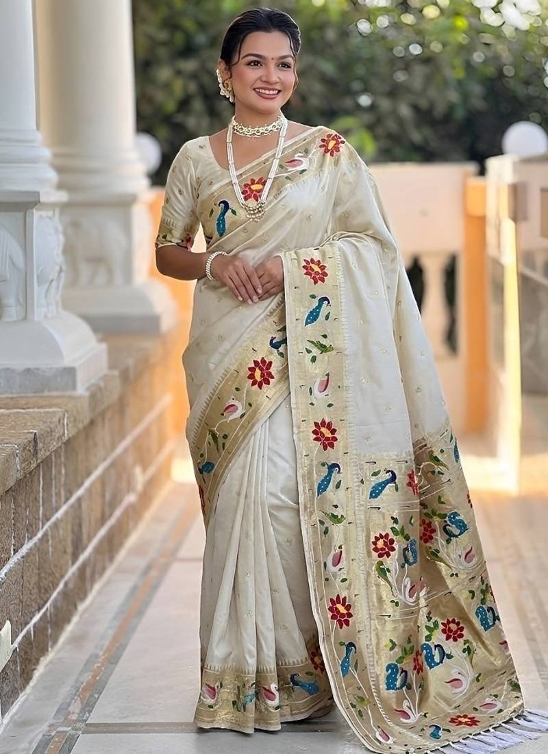 cream soft paithani style silk blend with zari weaving meenakari saree with blouse