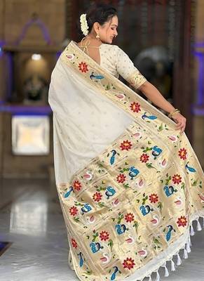 cream soft paithani style silk blend with zari weaving meenakari saree with blouse 2
