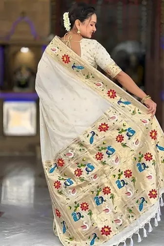 cream soft paithani style silk blend with zari weaving meenakari saree with blouse